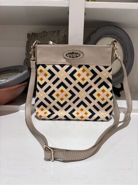 Spartina 449 Beige Crossbody with Navy and Yellow Geometric Weave